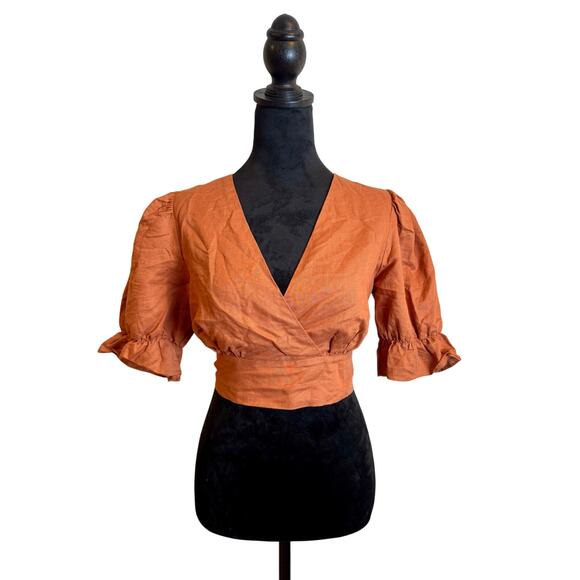 idem ditto Linen Cotton Blend Puff Sleeve Tie Back Crop Faux Wrap Blouse Large - Picture 1 of 6